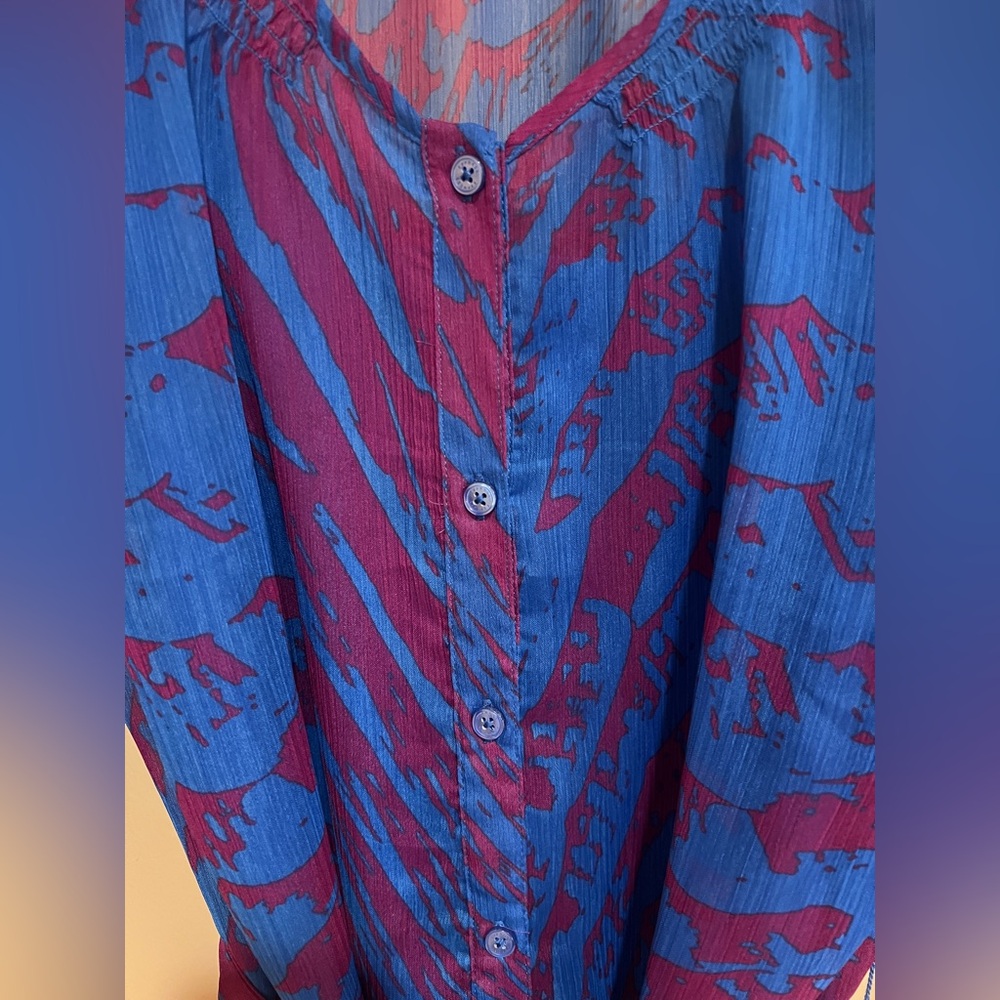 Express Vibrant Sheer 3/4 Sleeve Blue & Purple Zebra Print Shirt Dress Whimsy M - Picture 4 of 11